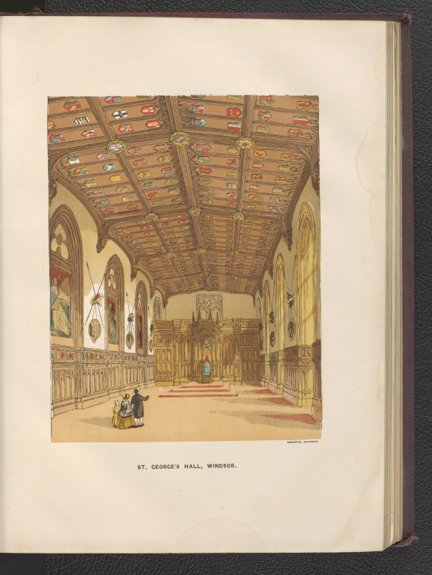 Offenes Buch mit einer detaillierten Illustration des Inneren von St. Georgs Halle in Windsor, England, mit sichtbaren architektonischen Elementen und Figuren, auf einer schwarzen Oberfläche.