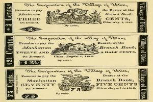 Ein altes Buch, das eine Bank bewirbt, zeigt einen Mann und eine Frau nebeneinanderstehend mit entschlossener Miene, mit dem Text "Bank" und Zahlen, die den erhaltenen Geldbetrag angeben.