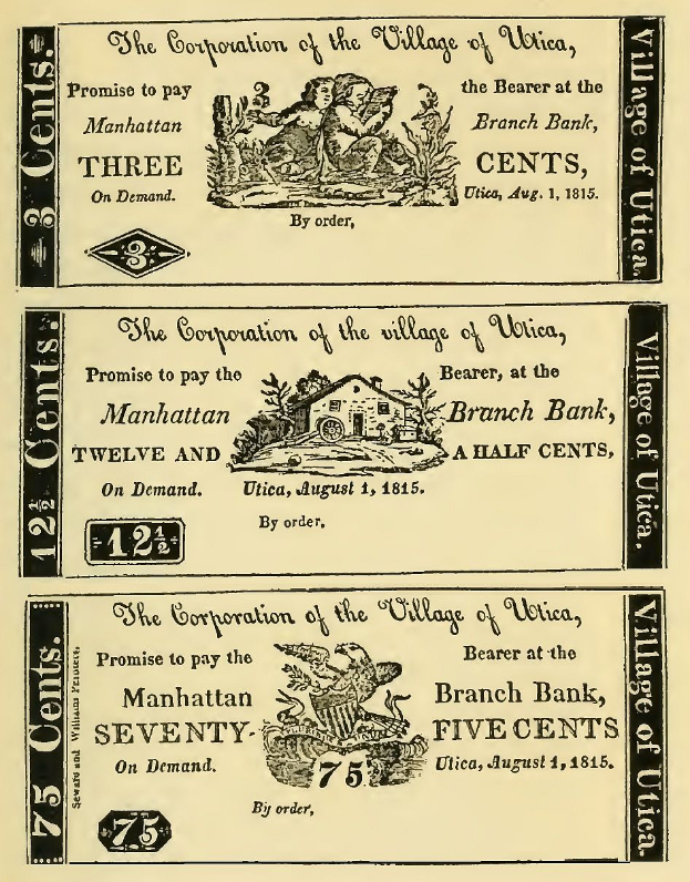 Ein altes Buch, das eine Bank bewirbt, zeigt einen Mann und eine Frau nebeneinanderstehend mit entschlossener Miene, mit dem Text "Bank" und Zahlen, die den erhaltenen Geldbetrag angeben.