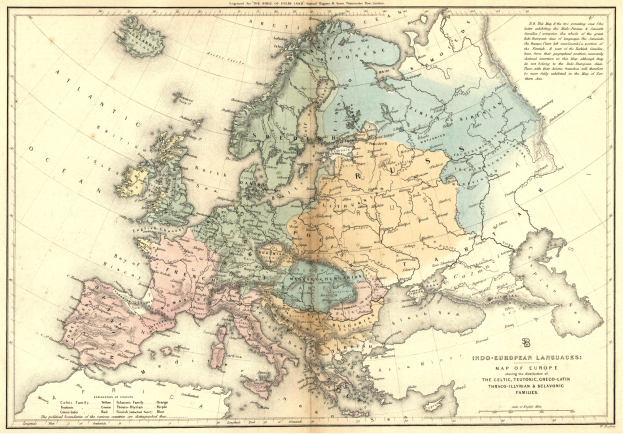 Eine alte Europakarte, die das Ausmaß des Römischen Reichs und die Verbreitung der indogermanischen Sprachen zeigt, mit Texten, die die in jedem Gebiet gesprochenen Sprachen beschreiben.