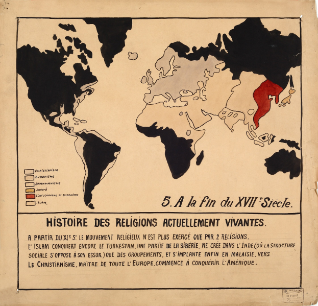 Ein Plakat, das eine 19. Jahrhundert Weltkarte mit farbigen Regionen zeigt, die verschiedene Religionen darstellen, sowie begleitenden erklärenden Text.