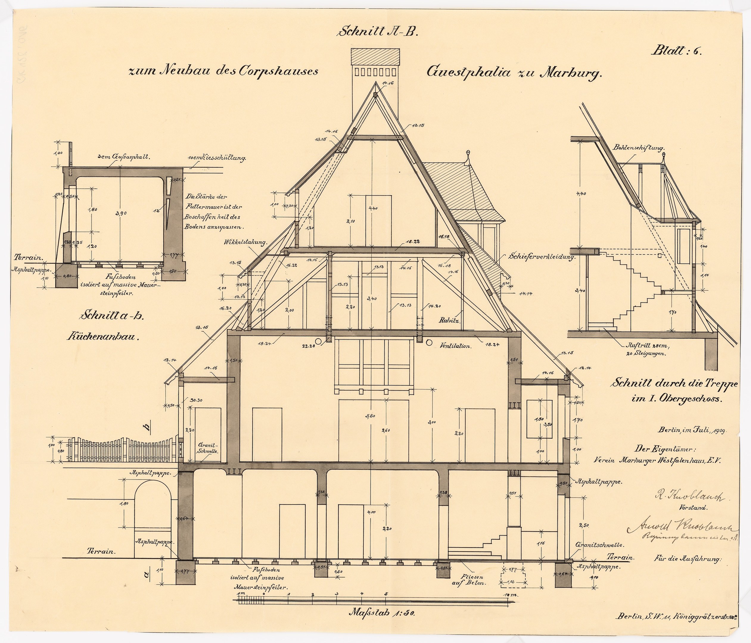Ein detailliertes architektonisches Zeichnung eines Hauses mit zahlreichen Fenstern und einem Dach, identifiziert als das erste Haus in Deutschland, begleitet von Text und Plänen auf Papier.
