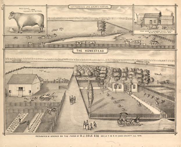 Eine Zeichnung eines Bauernhofs mit einer Kuh in der Mitte, umgeben von Häusern, Bäumen, Pferden, Wagen und Menschen, mit dem Text "Wohnung und Szenen auf dem Bauernhof von D.J. Cole Esq. 1874" oben und unten.