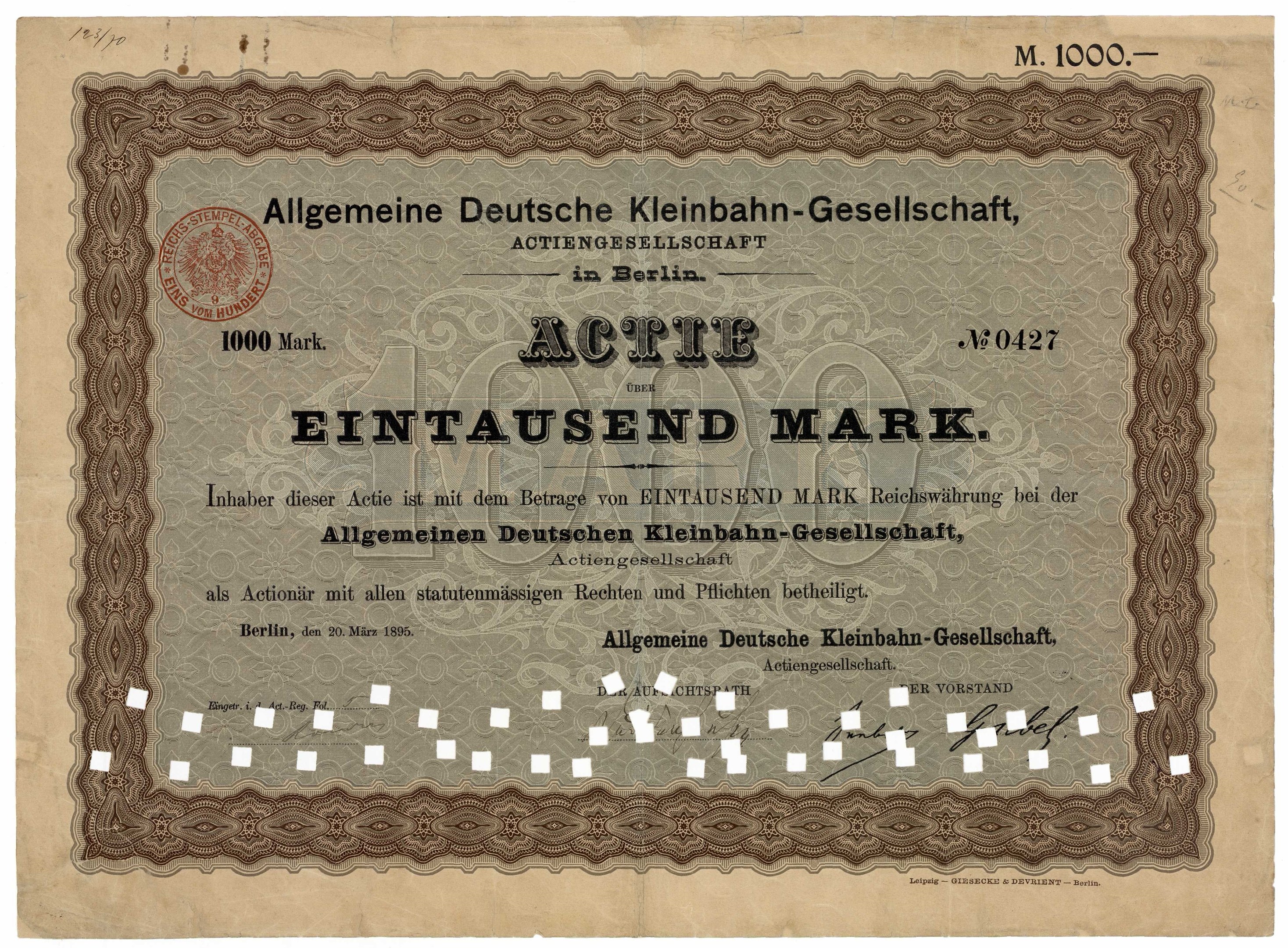 Altes deutsches Staatsanleihen-Zertifikat mit gedrucktem Text und einem offiziellen Stempel.