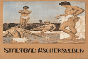 Plakat, das ein Schwimmbad in Aschersleben, Deutschland, zeigt, mit Menschen im Wasser und sitzend sowie Text mit Pool-Informationen.