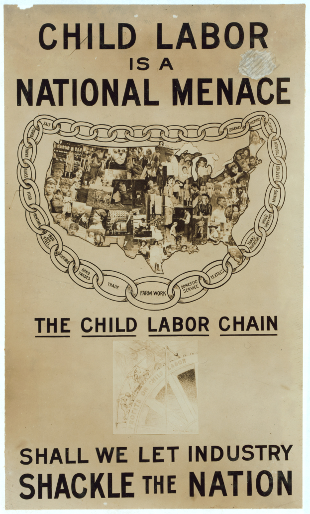 Ein Plakat mit fetter schwarzer Schrift auf weißem Hintergrund zeigt: "Kindermund ist Nationales Unglück - Sollen wir die Industrie das Land fesseln lassen?", mit einer Gruppe verschiedener Menschen, die gemeinsam stehen.