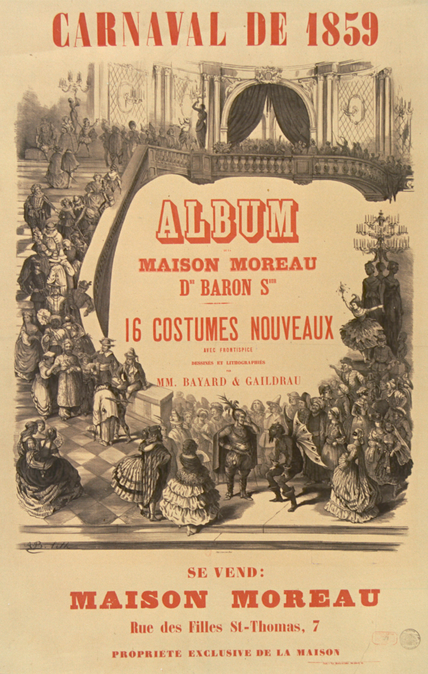 Ein Plakat für den Karneval von 1859, das eine Gruppe von Menschen in bunten Kostümen zeigt.