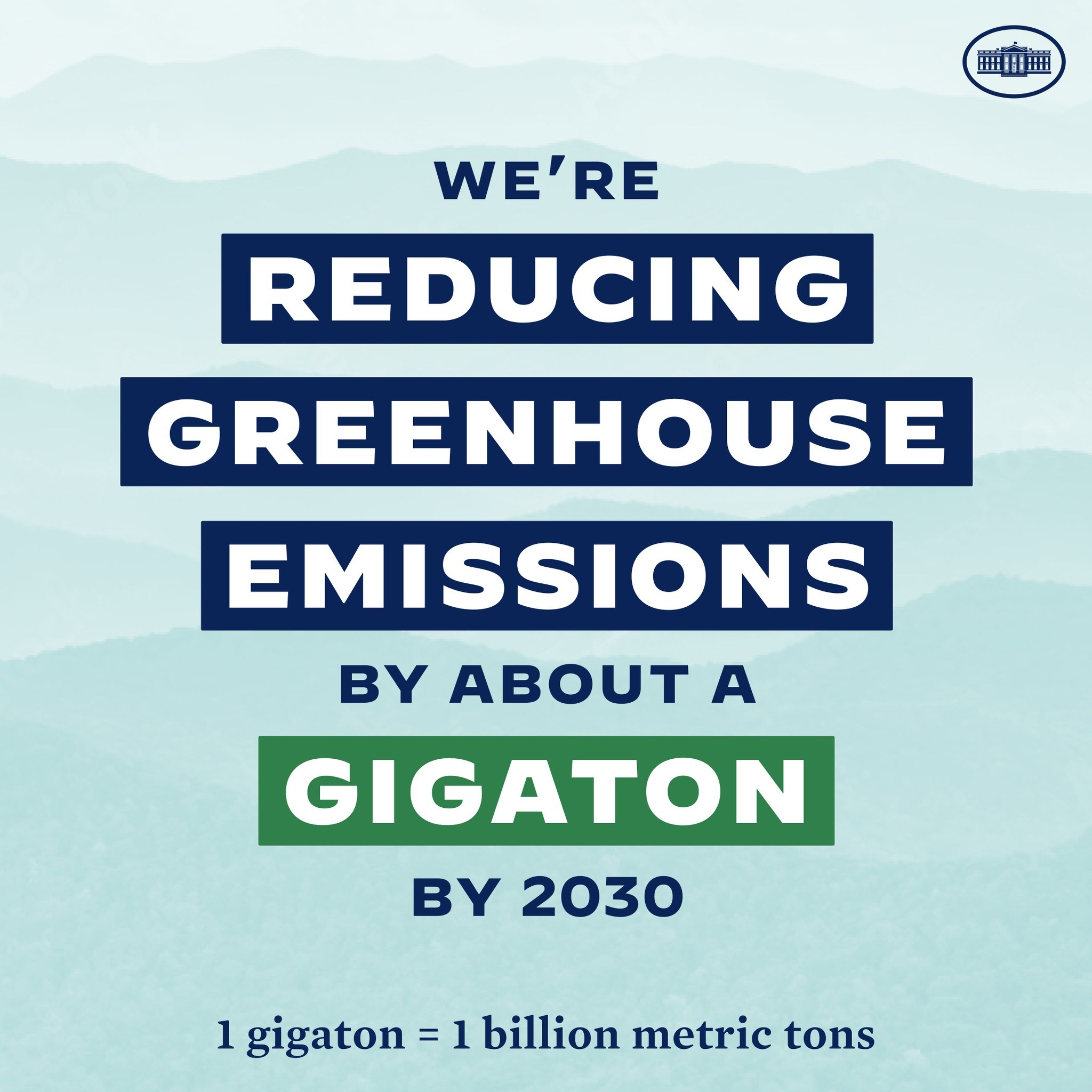 Plakat mit der Aufschrift "Wir reduzieren die Treibhausgasemissionen um etwa eine Gigatonne bis 2030" und einem Logo, das die Reduzierung der Treibhausgase bis 2030 fordert.