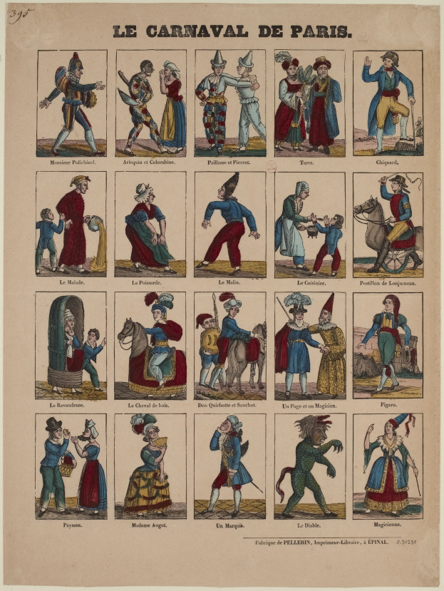 Ein Blatt mit leuchtenden, detaillierten Bildern von Menschen in prächtigen Karneval von Paris-Kostümen, einschließlich gefiederter Kopfschmuck und verzierte Kopfbedeckungen, mit fettem Festtext.