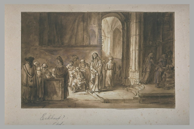 Eine Zeichnung einer Gruppe von Menschen in einem Raum, einige stehen und einige sitzen, gekleidet in traditioneller Kleidung, mit detaillierten Verzierungen und einem großen Fenster. Der Text "Die Anbetung der Heiligen Drei Könige" steht unten.