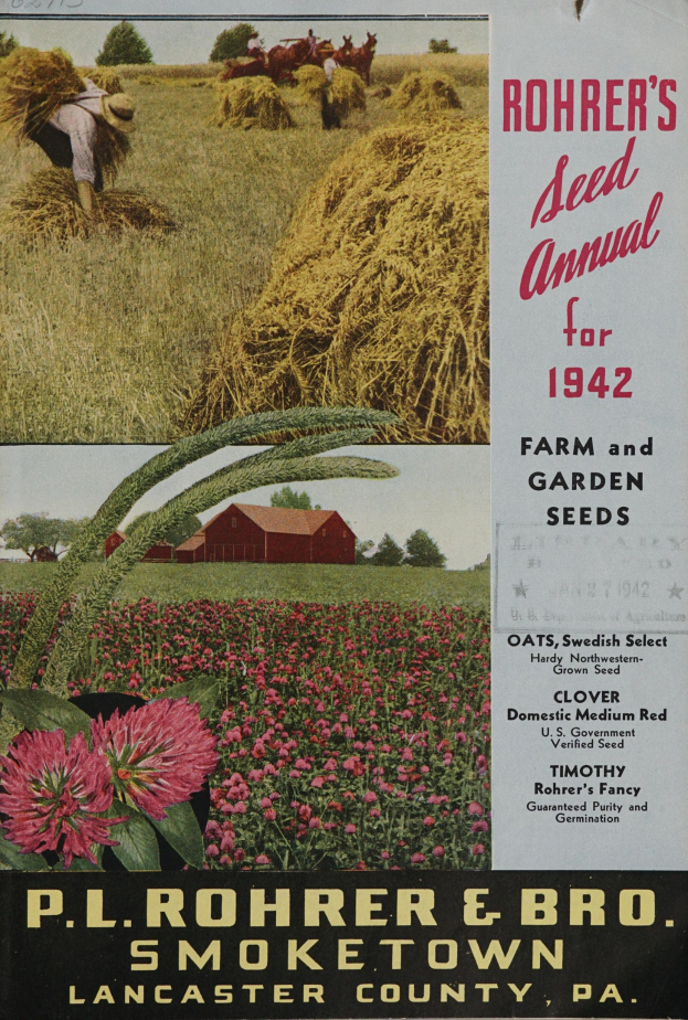 Ein Plakat für Rohrer's Saatgut-Jahrbuch 1942 mit einer bunten Auswahl an Blumen, Pflanzen, Gras, einer Person, einem Haus, Bäumen und einem klaren blauen Himmel mit Text, der Informationen über die Samen enthält.