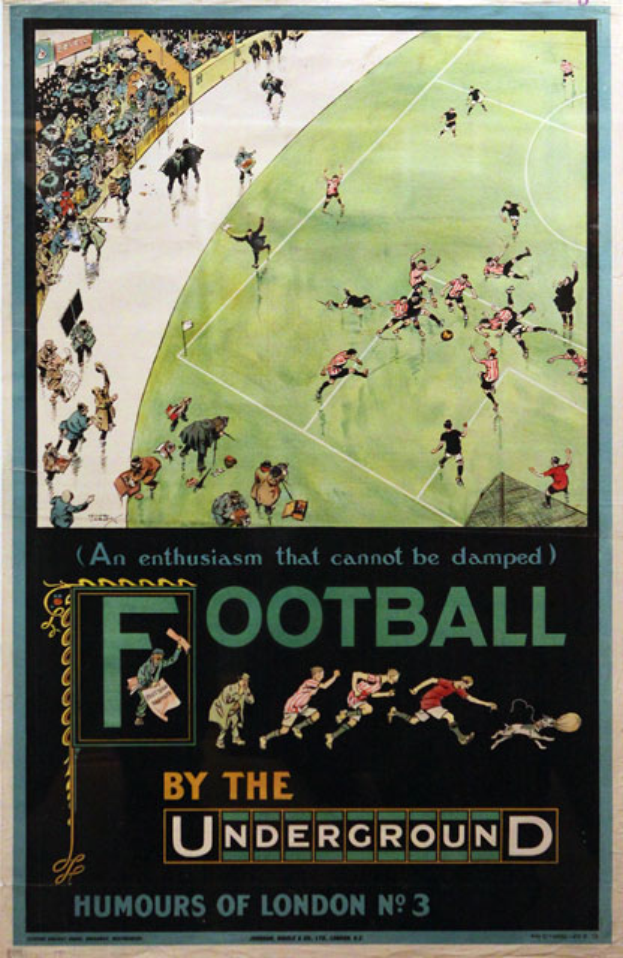 Ein Vintage-Plakat, das ein Fußballspiel ankündigt, betitelt mit "Fußball unter der U-Bahn - Humours of London Nr. 3", zeigt Zuschauer in einem Stadion.