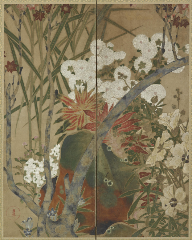 Japanisches faltbares Bildschirm mit einer detaillierten Malerei von farbenfrohen Blumen und Pflanzen in einer üppigen Landschaft.