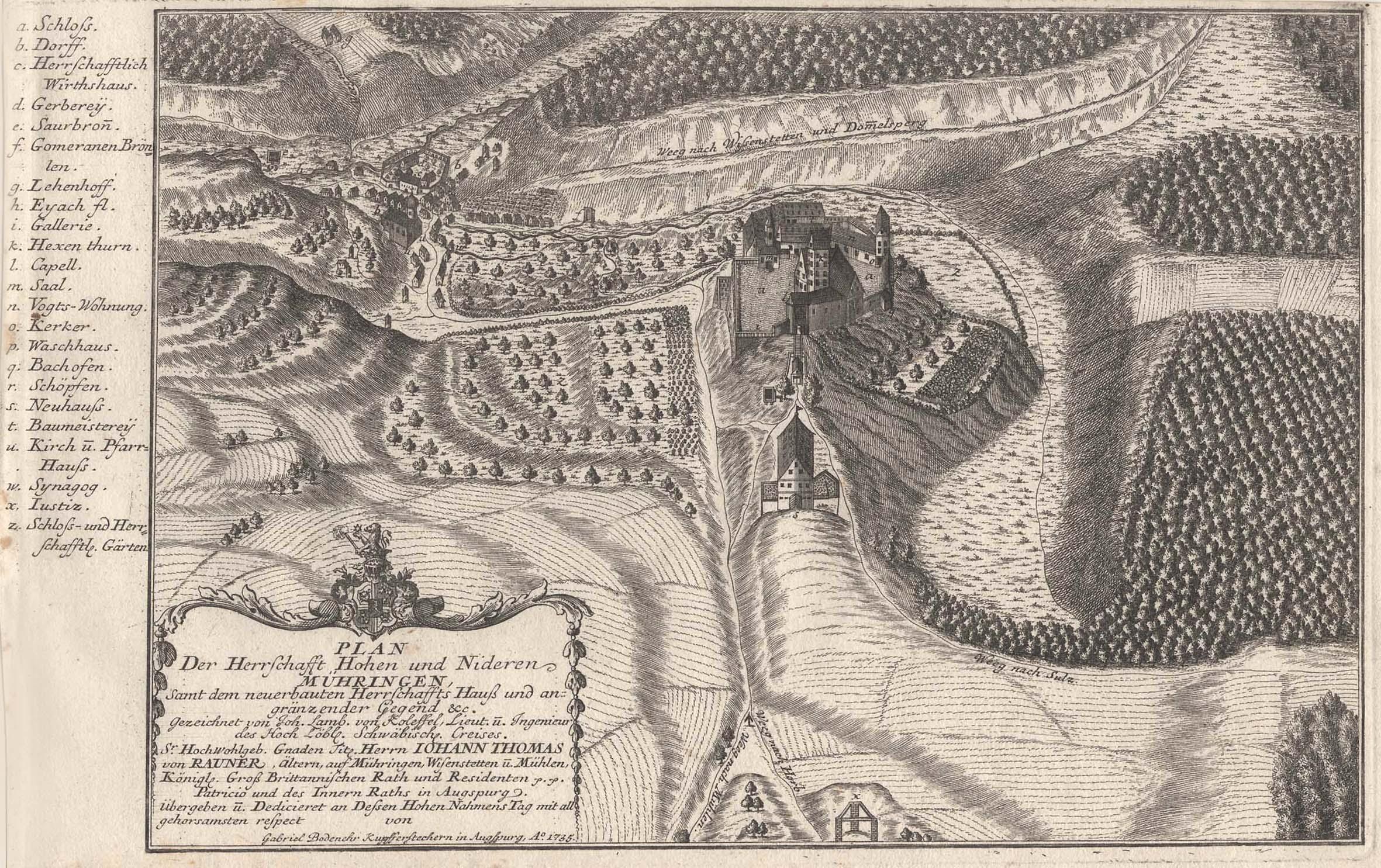 Gravur einer Karte von Heidelberg, Deutschland, mit einem Schloss in einem Feld umgeben von Bäumen und begleitendem Text.