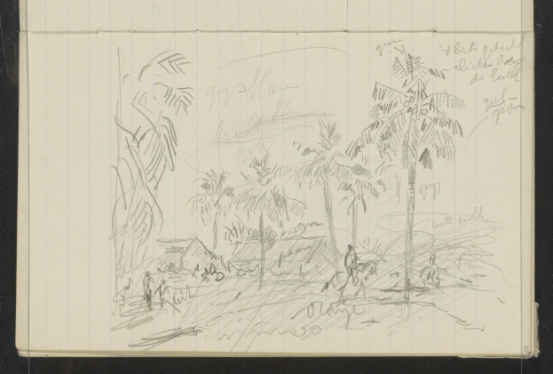 Ein offenes Skizzenbuch, das eine Zeichnung einer Gruppe von Menschen zeigt, die in einem üppigen, grünen Dschungel mit hohen Bäumen stehen, unter einem tiefblauen Himmel mit vereinzelten weißen Wolken und hellen Sonnenlicht.