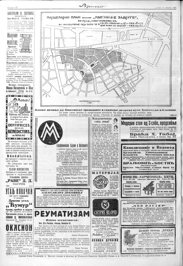 Schwarzes und weißes Zeitungsblatt mit einer Stadtkarte, Text und Bildern.