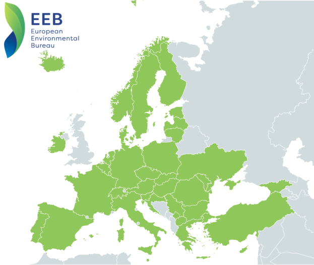 Eine Europakarte mit dem Logo des Europäischen Umweltbundes im linken oberen Eck, die in verschiedenen Grüntönen schattiert ist, um die EU-Regionen anzuzeigen.