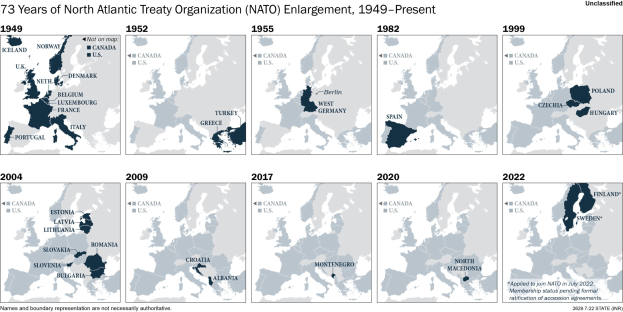 Eine Karte, die die 73-jährige Erweiterung der Nordatlantischen Vertragsorganisation (NATO) von 1949 bis heute darstellt, unterteilt in Regionen, die verschiedene Jahre der Erweiterung darstellen.