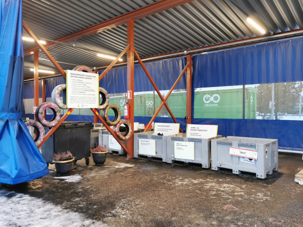 Ein großes Lagerhaus voller verschiedener Gegenstände, darunter Reifen, Container, Topfpflanzen, bedruckte Platinen, Pfähle, Lampen und ein blaues Tuch, mit Bäumen, Fahrzeugen und Schnee im Hintergrund.
