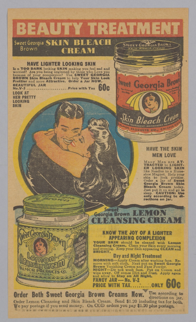 Beauty treatment advertisement poster showing a man and woman embracing, with two cream boxes in the background and promotional text.