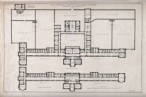 Schwarz-weißer architektonischer Grundriss eines großen Gebäudes mit zahlreichen beschrifteten Räumen, darunter ein als Irrenhaus für Kriminelle bezeichneter Abschnitt.