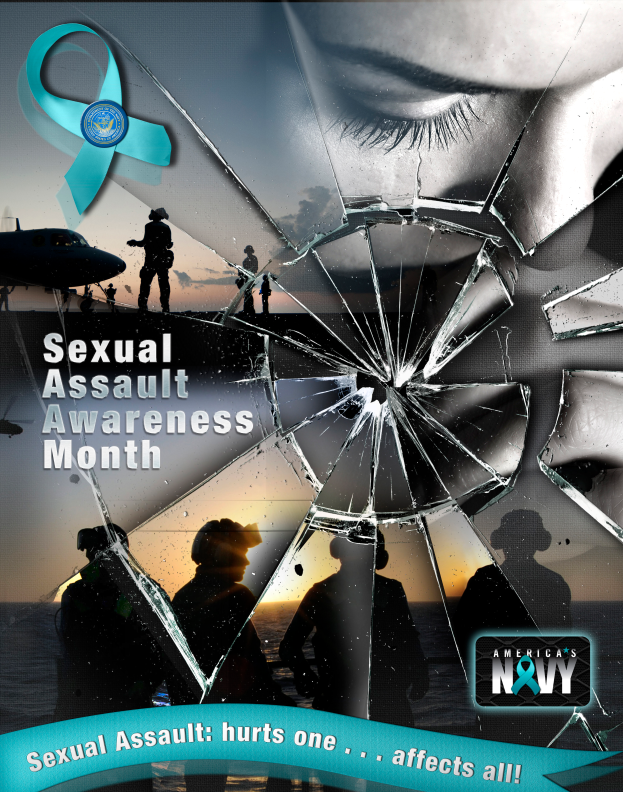Ein Plakat mit einem zerbrochenen Glas in der Mitte, umgeben von Menschen, einem Flugzeug und Wasser, mit dem Text "Sexual Assault Awareness Month" und einem Logo unten.