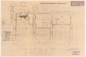 Architektonischer Plan des Rosenhof-Krankenhauses in Hamburg, Deutschland, mit detaillierter.Layout mit zahlreichen Kabeln und beschrifteten Räumen, Fluren und Merkmalen auf altem Papier.