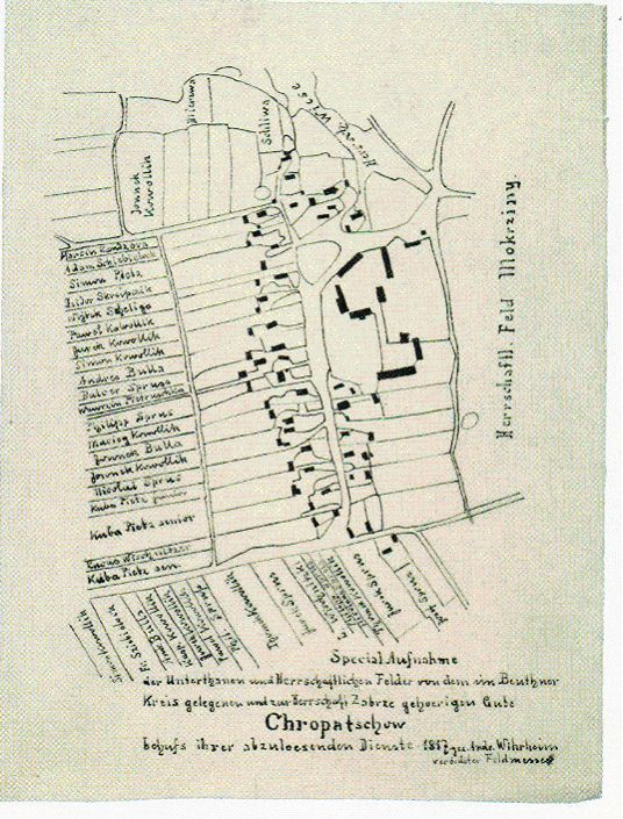 Ein altes, detailliertes Stadtplan von Chropatschow, Deutschland, der Straßen, Gebäude, Sehenswürdigkeiten und begleitenden Text mit Informationen über die Stadt zeigt.