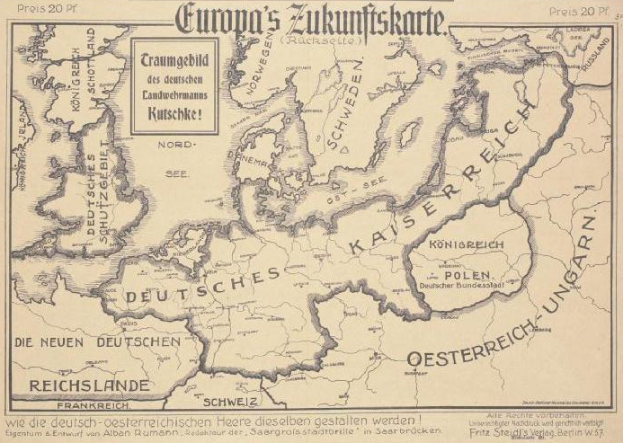Eine alte Europa-Karte aus dem frühen 20. Jahrhundert, die das Ausmaß der Europäischen Union zeigt, mit begleitendem Text.