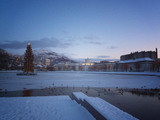 Eine Stadtansicht mit Gebäuden, Häusern, Bäumen und Pflanzen auf beiden Seiten, einem Weihnachtsbaum mit Lichtern links, Bergen und Schnee im Hintergrund, einem bewölkten Himmel darüber und ein paar Vögeln auf dem Wasser darunter.