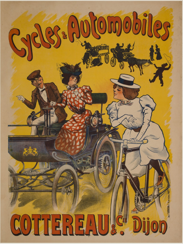 Plakat, das Fahrräder und Automobile in Cottereau und Dijon, Frankreich, bewirbt, zeigt Menschen, die Fahrräder fahren, und eine Kutsche mit dem Text "Fahrräder und Automobile" oben.