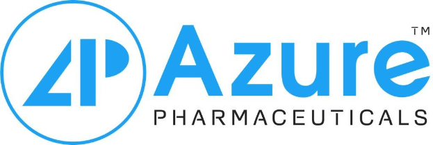 Logo von Azure Pharmaceuticals: fettes schwarzes Firmennamen in einem blauen Kreis mit einer weißen Umrandung auf einem weißen Hintergrund.