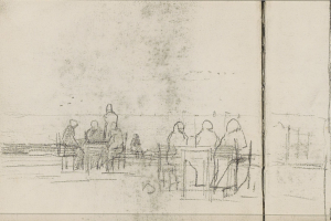 Eine Skizze von Joseph Mallord William Turner, die eine Gruppe von Menschen an einem Tisch in einem Cafe zeigt, mit gedämpften erdigen Tönen, die eine friedliche Atmosphäre schaffen.
