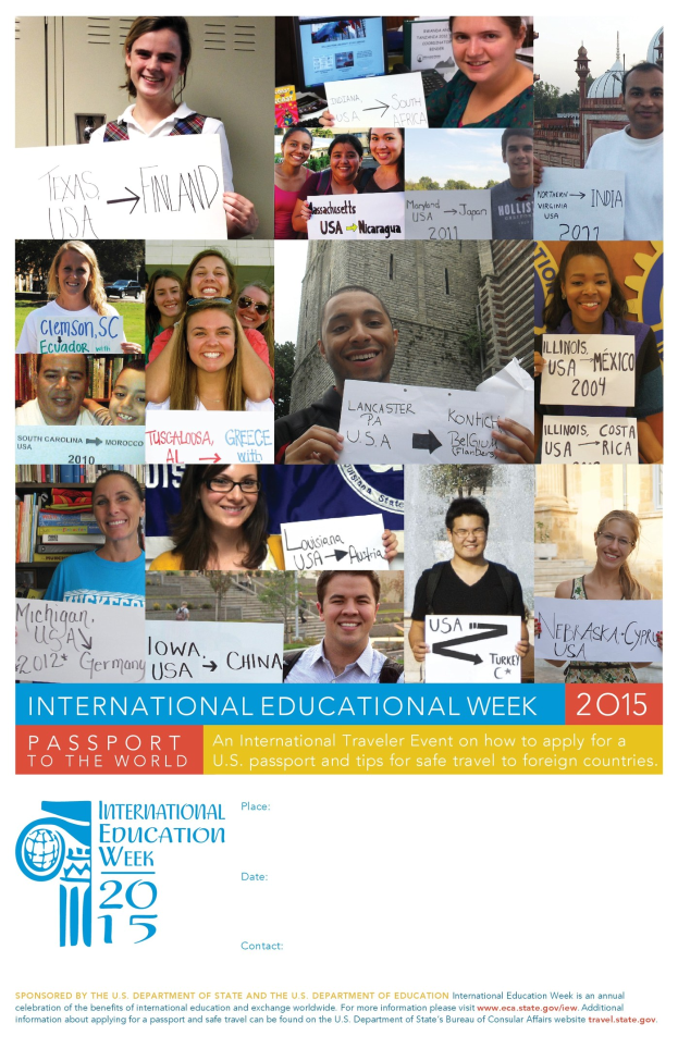 Plakat für die Internationale Bildungswoche 2015, das eine Gruppe von Menschen zeigt, die Schilder mit texten zu Bildungsveranstaltungen halten.