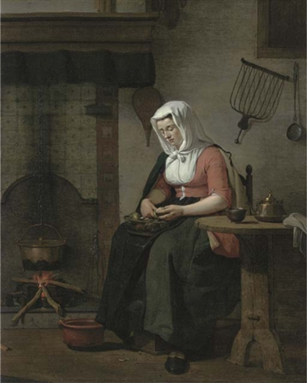 Eine Frau Sitzt An Einem K├╝chentisch Und Hält Eine Sch├╝ssel, Mit Verschiedenen Gegenst├Ąnden Auf Dem Tisch, Ein Feuer Brennt Zu Ihrer Linken Und K├╝chenger├Ąte Hängen An Der Wand Im Hintergrund.