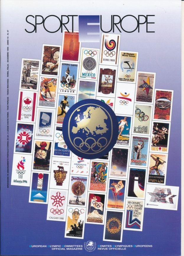 Ein Buchumschlag mit dem Titel "Sporting Europe", der farbenfrohe Bilder und Texte über Olympische Spiele in Europa zeigt, mit fetter weißer Schrift und detaillierten Olympischen Symbolen.