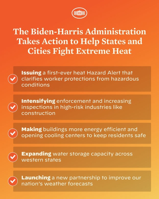 Plakat mit der Überschrift "Die Biden-Harris-Verwaltung setzt sich dafür ein, dass Bundesstaaten und Städte gegen extreme Hitze kämpfen" mit einem roten und weißen Schild-Design, das einen Blitz zeigt, und einem gelben Rahmen.