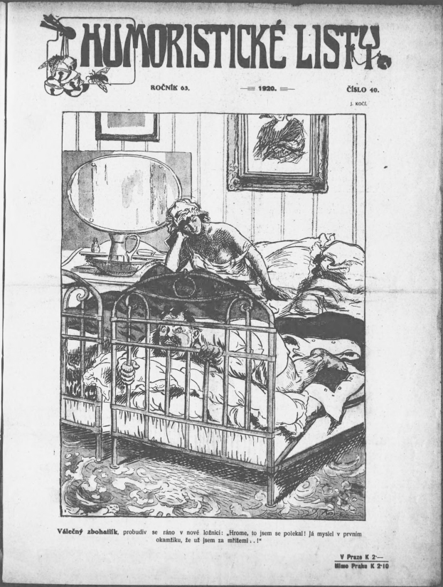 Schwarze und weiße Illustration einer Person, die auf einem Bett liegt, mit einem Spiegel auf einem Nachttisch und einem Rahmen an der Wand, begleitet von Text, der "humoristische liste - tschechoslowakei - 20. april 1920" oben und unten liest.