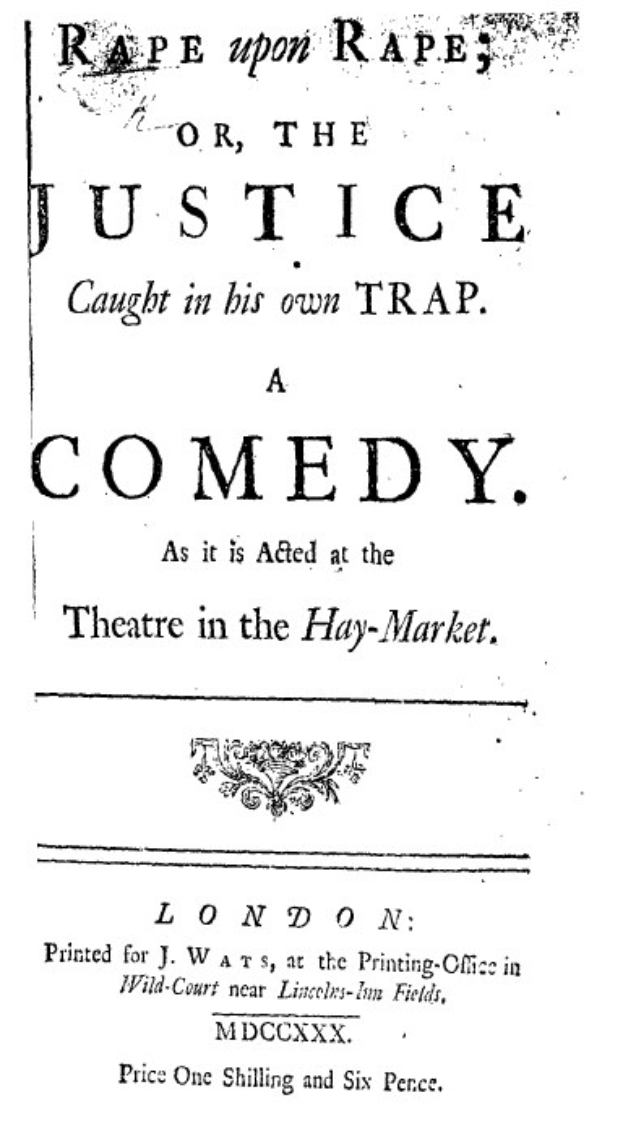 Schwarzes und weißes Poster mit der Aufschrift "Vergewaltigung auf Vergewaltigung oder die Justiz in ihrer eigenen Falle" in fetter schwarzer Schrift, wahrscheinlich Ankündigung einer Comedy-Show.