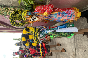 Eine Gruppe von Menschen in farbenfrohen Kostümen steht vor einem Gebäude und hält verschiedene Gegenstände in den Händen, mit Bäumen, Gebäuden und einem klaren blauen Himmel im Hintergrund während eines Karnevalsumzugs.