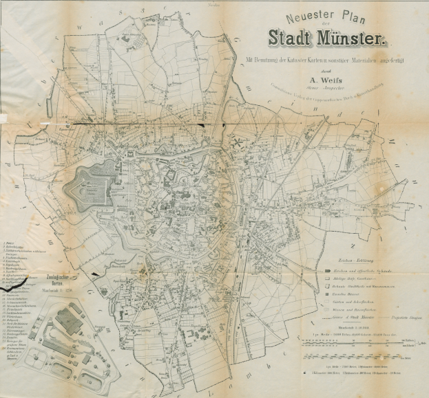 Ein detaillierter alter Stadtplan von Münster, Deutschland, der Straßen, Gebäude und Sehenswürdigkeiten zeigt.