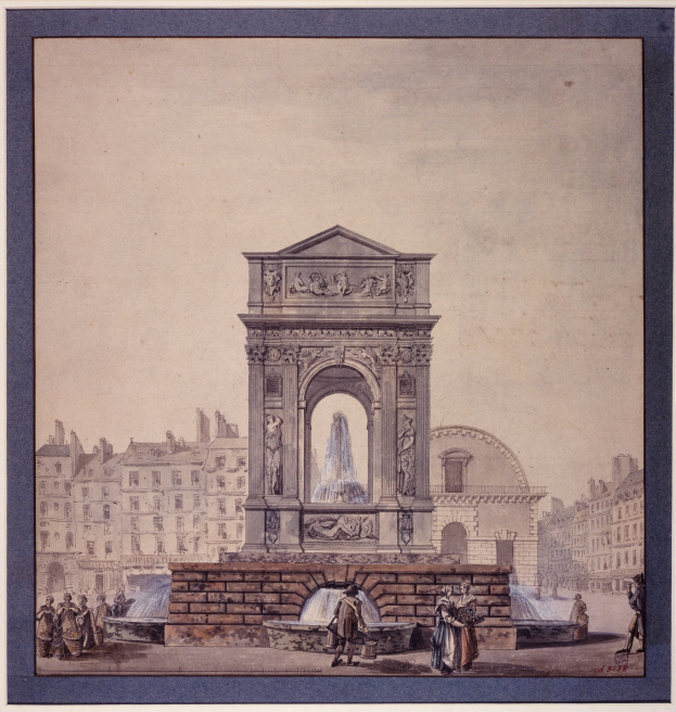 Ein gerahmtes Bild einer Brunnenanlage in der Mitte einer Stadt, umgeben von Gebäuden und Menschen, mit einem klassischen Rahmen.