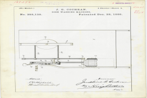Eine detaillierte Zeichnung einer Geschirrspülmaschine auf einem Patentdokument, die die Komponenten und Benutzungsanweisungen der Maschine zeigt.