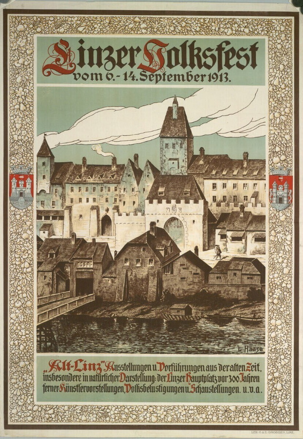 Altes deutsches Festivalplakat mit einer Burg- und Häuserillustration, das Text über das Ereignis enthält.