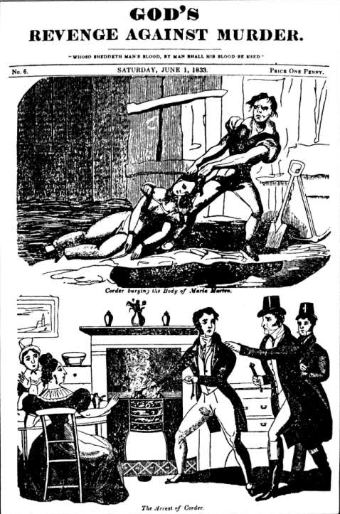 Ein schwarz-weißer Plakat von der New York Times vom 1. Juni 1833, betitelt mit "Gottes Rache gegen Mord", das eine Gruppe von besorgten Menschen in einem Raum zeigt, einige schauen ängstlich nach oben und andere verzweifelt nach unten.