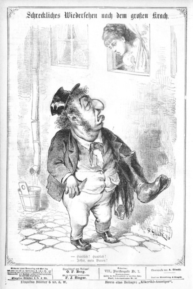 Zeichnung eines Mannes mit Zylinder und einer Frau in einem Kleid mit einer Wand, einem Fenster, einem Eimer und anderen Gegenständen im Hintergrund, mit Text unten, der lautet: "F. J. Singer, der erste deutsche Politiker, der in den Kongress gewählt wurde."
