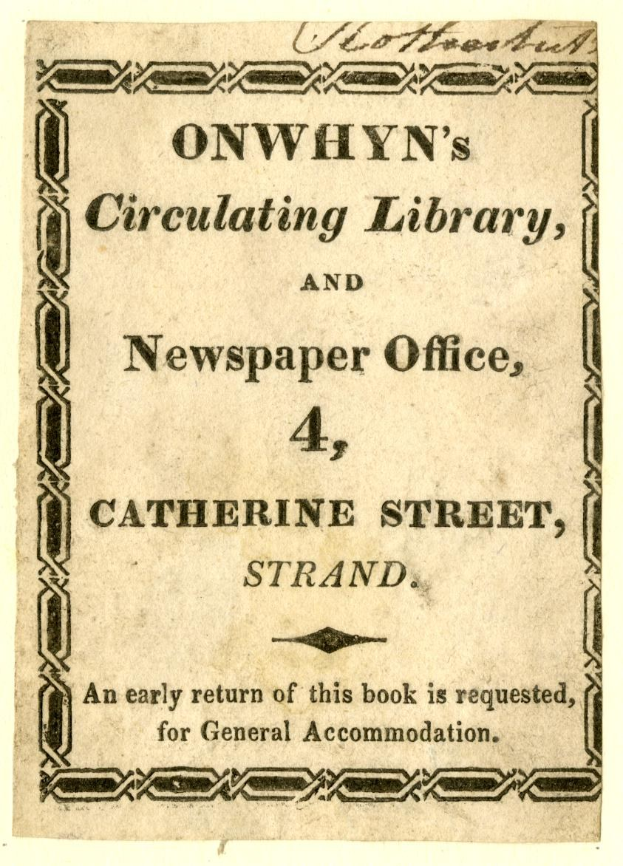 Schwarzes und weißes Bild eines Papiers mit Text, der 'Onwhyn's Circulating Library, and Newspaper Office, 4, Catherine Street, Strand' lautet.