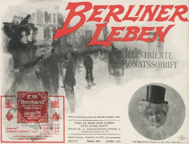Werbeplakat für das Berliner Leben Theater mit einer Frau im Zylinder und einem Mann im Anzug, mit Text, einem Stempel, einigen Menschen und Gebäuden im Hintergrund.