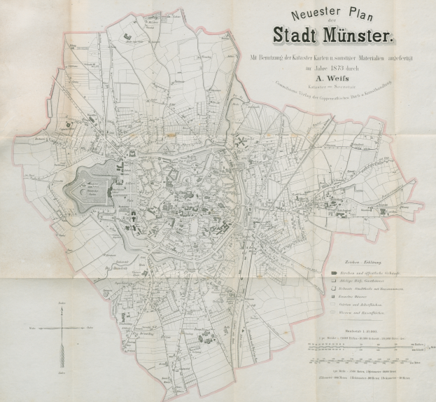 Ein detaillierter Stadtplan von Stadt Münster, Deutschland aus dem Jahr 1873 mit Text zur Übersicht des Gebiets.