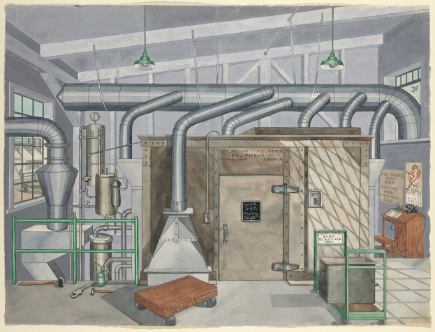Ein detailliertes industrielles Zeichnung eines Fabrikinneren mit einer zentralen großen Maschine, umgeben von verschiedenen Geräten, Rohren, Möbeln, Fenstern und Deckenlampen, mit einer Tafel, auf der "American Foundry Equipment Co, Indiana" steht.